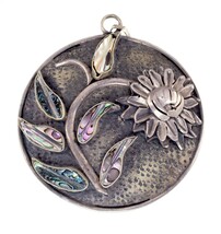 Vintage Mexico AE Black Mother of Pear Flower Pendant Set in Sterling Si... - $367.65 CAD