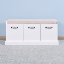 Wooden Entryway Shoe Cabinet Living Room Storage Bench with White Cushion - £122.91 GBP
