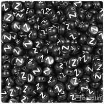 BeadTin Black Opaque 7mm Coin Plastic Alphabet Beads - White Letter "Z" ... - $2.09