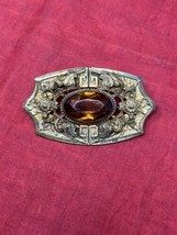 Beautiful Ornate Victorian Sash Brooch Pin Gilt Topaz Glass Gold VTG Jewelry - $74.25