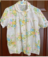 Vintage short sleeve pajama top button front lace trim pink with floral ... - $19.75