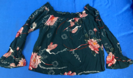 Jaase Boho Floral Off-Shoulder Blouse Green Pink Handstamped Long Sleeve... - $7.13