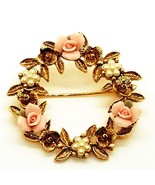 1928 Floral Wreath Brooch Porcelain Flowers Faux Pearls Pin Gold Tone Vi... - £15.52 GBP