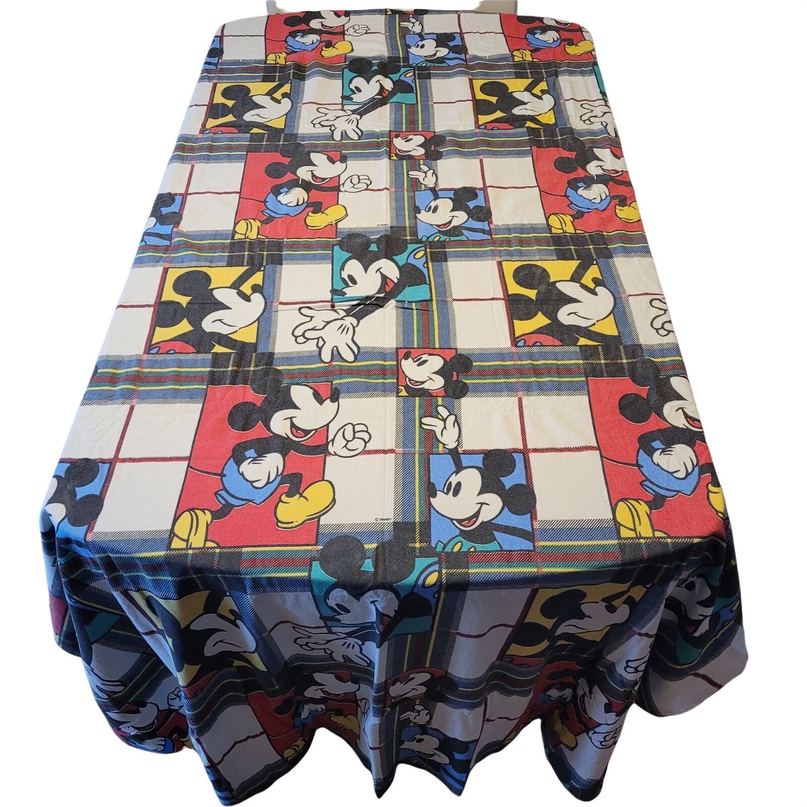 Primary image for Mickey Mouse Flannel Plaid Twin Flat Bed Sheet Disney Red Yellow Blue Green