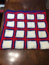 Handmade Hand Knitted Red White And Blue Blanket Y4 Afghan Throw Quilt 52x50 - £11.10 GBP