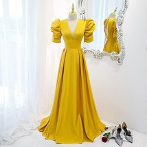 Beautiful Dress Yellow Satin Evening Dress Banquet Elegant Puff Sleeve A-line V- - £274.64 GBP