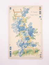 New Years Blue Flowers on Ladder 1910&#39;s Embossed Postcard - £4.71 GBP