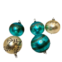 Vintage Glass Ball Ornaments Glitter Teal and Beige Lot of 5 Made in West German - £14.66 GBP