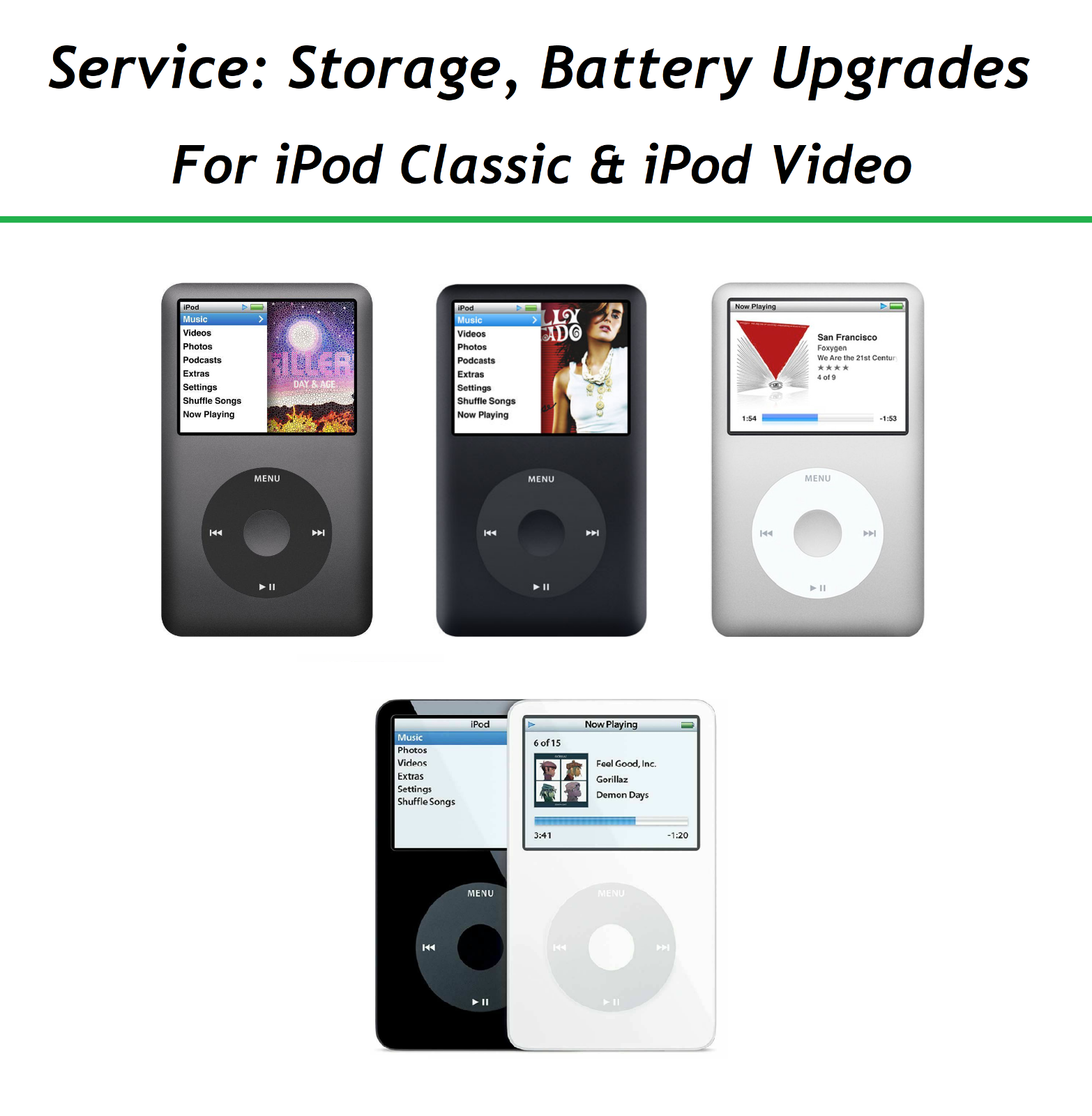 UPGRADE SERVICE Apple iPod 5th Video 6th 7th Classic STORAGE + 2000 mAh BATTERY - £146.87 GBP - £235.02 GBP