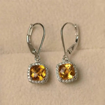 4Ct Cushion Cut Simulated Citrine Halo Dangle Earrings 14K White Gold Plated - £32.97 GBP