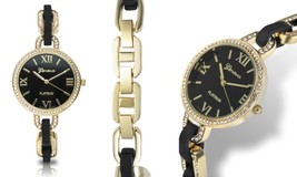 NEW Geneva 9471 Women&#39;s Platinum Aigle Collection Black/Gold Bangle Cute Watch - £14.99 GBP