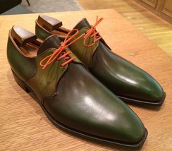 Men Handmade Olive Green Leather Derby Lace up Shoes Formal Dress Shoes - £143.87 GBP+
