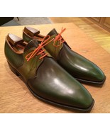 Men Handmade Olive Green Leather Derby Lace up Shoes Formal Dress Shoes - £144.32 GBP+