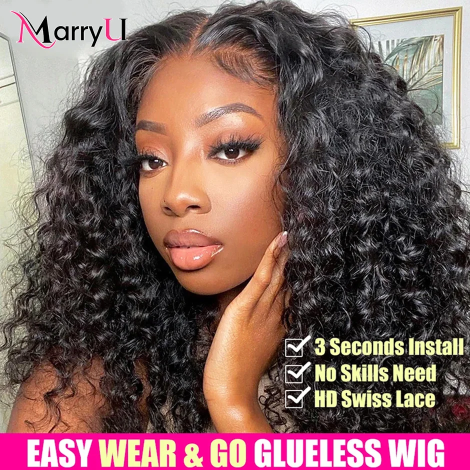 Water Wave Curly Glueless Wigs Easy Wear Go Glueless Wig Pre-Cut Swiss Lace W - £75.80 GBP+
