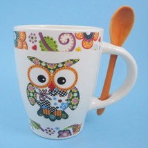 Trisa Patchwork Owl Mug with Spoon 12 oz Coffee Latte Tea Espresso Cappuccino 4&quot; - £6.88 GBP