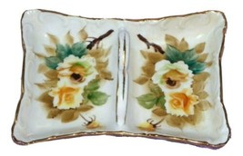 Vintage Divided Nut Dish w/ Handle Flowers &amp; Gold Trim Divided Candy Tray 7&quot;x 5&quot; - £11.80 GBP