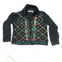 Vintage OHI Ugly Christmas Cardigan Sweater Womens L Black Button Front Collared - £17.92 GBP