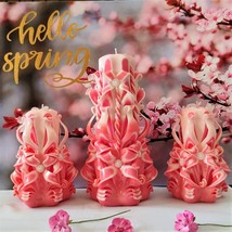 Carved Candles Set Home Decor handmade Gift Colourful Design Coral Pink Cream - £79.75 GBP