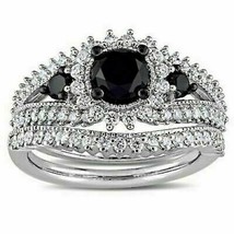 2.75Ct Simulated Black & White Diamond Bridal Ring Set 14K white Gold Plated - £170.30 GBP