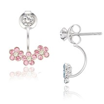 Silver Small Clear Crystal with Lt. Rose Crystal Triple Flower Back Earrings - £23.61 GBP