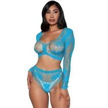 Wide Net Floral Cami Crop Top Booty Shorts Set Sheer Long Sleeves Turquoise 2153 - £16.65 GBP