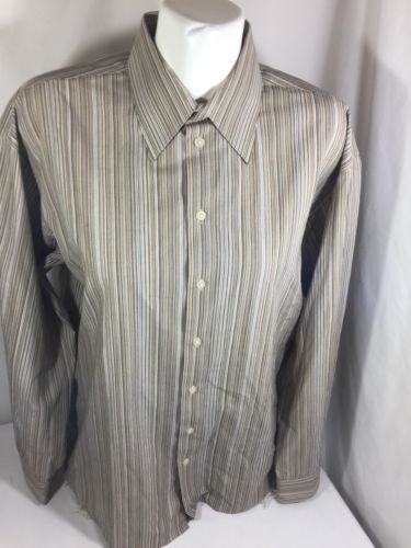 Kenneth Cole Reaction Men Tan Brown Dress up Shirt  ButtonUp  Striped 16 34-35 L - $12.47
