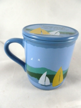 Hallmark Hug Mug Blue w Sailboats Coffee Mug WIth Coaster Top Vintage - £11.67 GBP