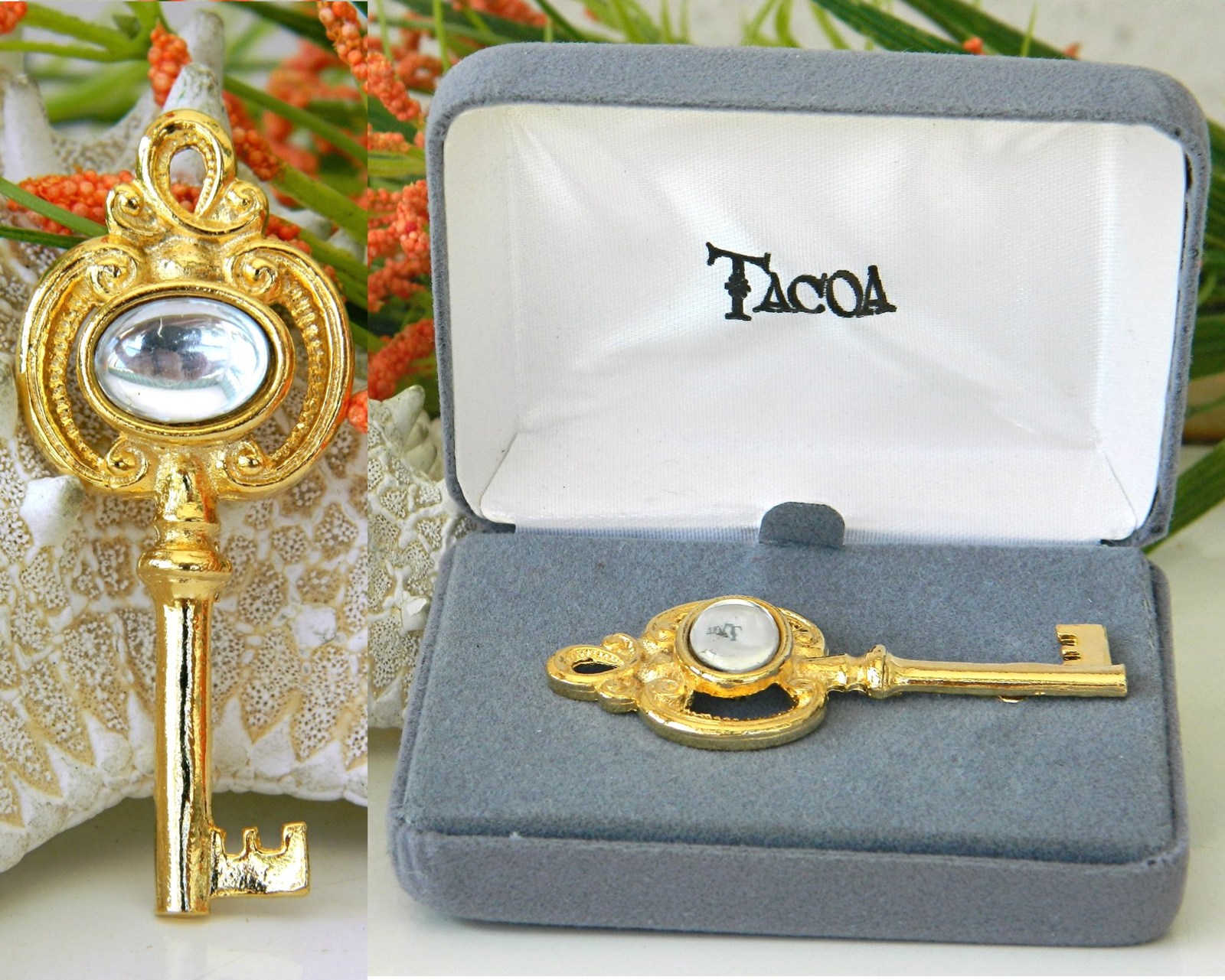 Primary image for Vintage Tacoa Skeleton Key Pin Brooch Pendant Figural Original Case