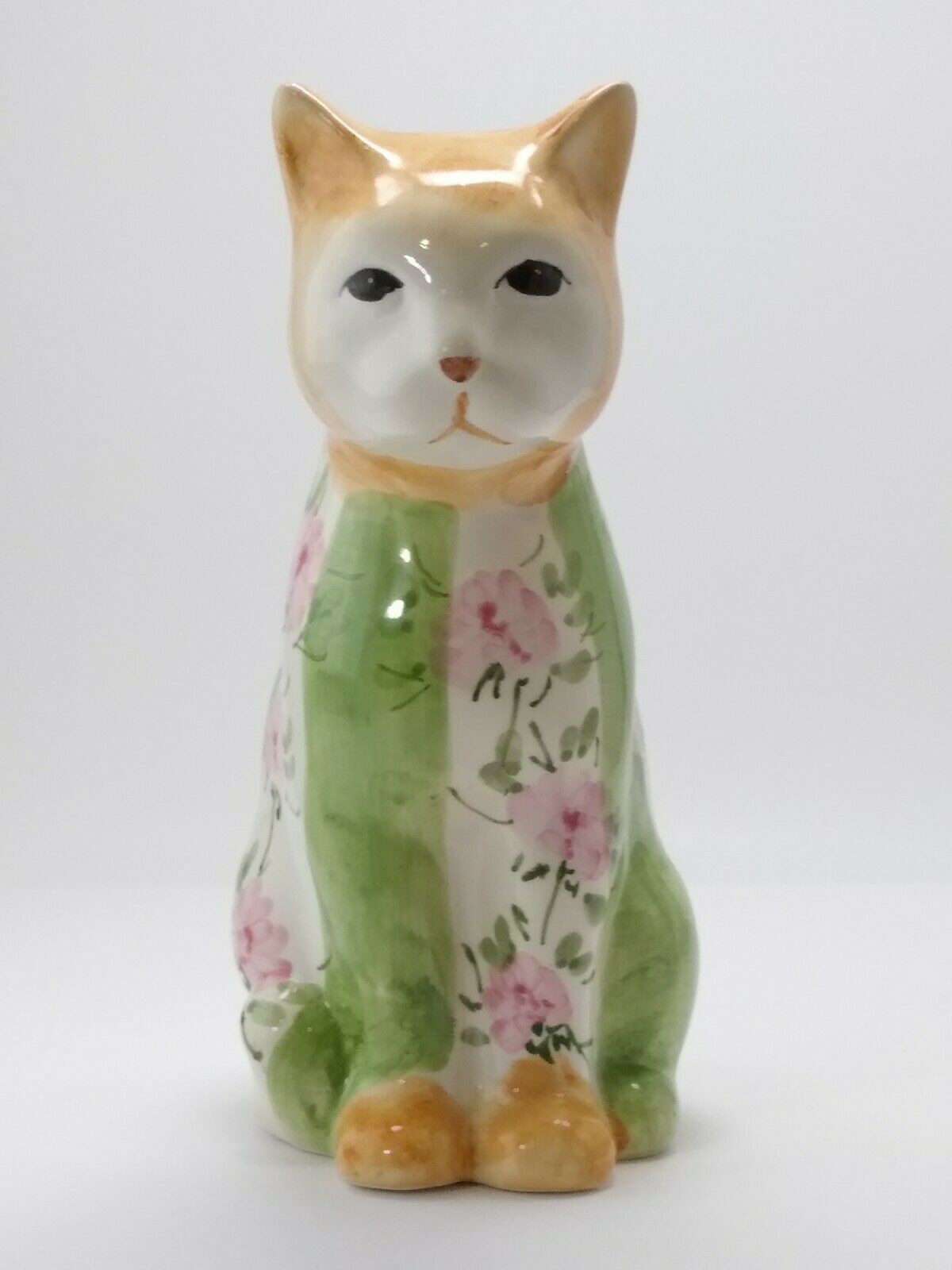 Vintage Seymour Mann COUNTRY ROSE Hand-Painted Animal Cat Statue Pink Roses 8”H - $24.74