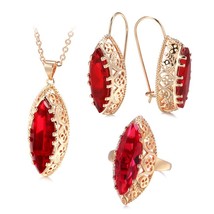 Kinel New 585 Rose Gold Ethnic Bride Necklace Earrings Ring Set Green Rhombus Na - £27.50 GBP