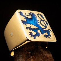 Rectangle Mens Pinky Ring blue Scottish Rampant Lion Coat of Arms - solid Brass - £22.38 GBP+