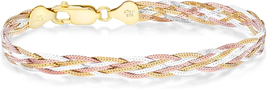 Tri-Color 18K Gold Over 925 Sterling Silver Italian 6-Strand 7mm Braide - £21.69 GBP+