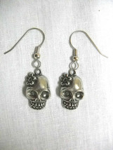New Handmade Usa Cast Pewter Sugar Skull With Flower Charms Pair Of Earrings - £6.42 GBP
