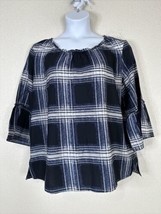 Hannah Womens Plus Size 1X Navy Plaid Top 3/4 Sleeve - £11.32 GBP