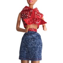 Barbie Red Bandana Shirt Blue Denim Jean Mini Skirt 90s 1990s - NO DOLL - $8.11