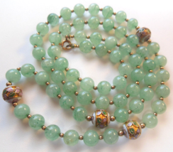 Vintage 14k GF Green Jade, Cloisonne Necklace W/Gold Filled Spacer Beads 29&quot; - £198.92 GBP