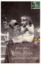 RPPC Colorized Postcard Bonne Annee Young French Child Phone New Years Postcard - £7.90 GBP