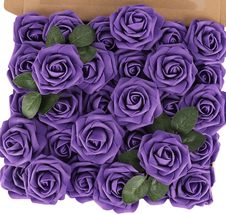 MACTING 30pcs Artificial Flower Roses, Real Touch Fake Purple Flowers with - £9.42 GBP