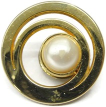 Vintage Brooch Costume Jewelry Double Ring Large Imitation Pearl Gold Tone - £23.29 GBP