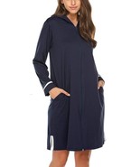 Ekouaer Medium Zipper Short Robe Nightgown Pockets Hooded Navy Blue Cott... - £60.64 GBP