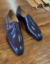 Handmade Men&#39;s Blue Cowhide Leather Single Monk Plain Toe Oxford Dress Shoes - £103.18 GBP