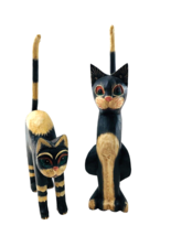 2 Cat Statue Figurines Hand Carved Painted Wooden Black Yellow Folk Art 15” Vtg - £40.12 GBP