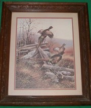 Vtg Maroon Home Interior Art Silent Buck Deer Picture Pheasant Flight Lodge Look - £40.73 GBP