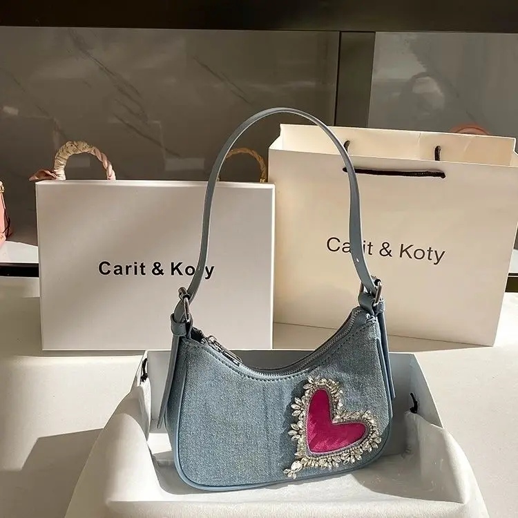 Retro Fashion Denim Bag Niche Shiny Heart Rhinestone Underarm Bag Women Bag  Bag - £55.83 GBP