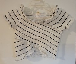 Womens S Easel White w/Black Stripes Shirred Ruffled Sleeve Top Shirt Bl... - $18.81
