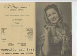 Metropolitan Opera House Operatic Archives Program Manon 1937 Bidu Sayao  - £14.24 GBP