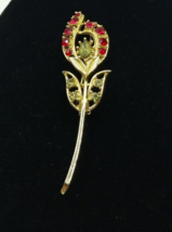 Vintage Estate Red and Pale Green Rhinestone Gold Tone Flower Brooch Pin 3.5&quot; - £19.77 GBP