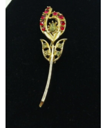 Vintage Estate Red and Pale Green Rhinestone Gold Tone Flower Brooch Pin... - £19.46 GBP