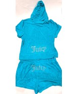 Juicy Couture Bling Terry Short Sleeve Hoodie &amp; Shorts Set Coastal Teal ... - €60,37 EUR