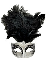 Silver Black Jewel Feather Venetian Mardi Gras Masquerade Mask - £13.29 GBP